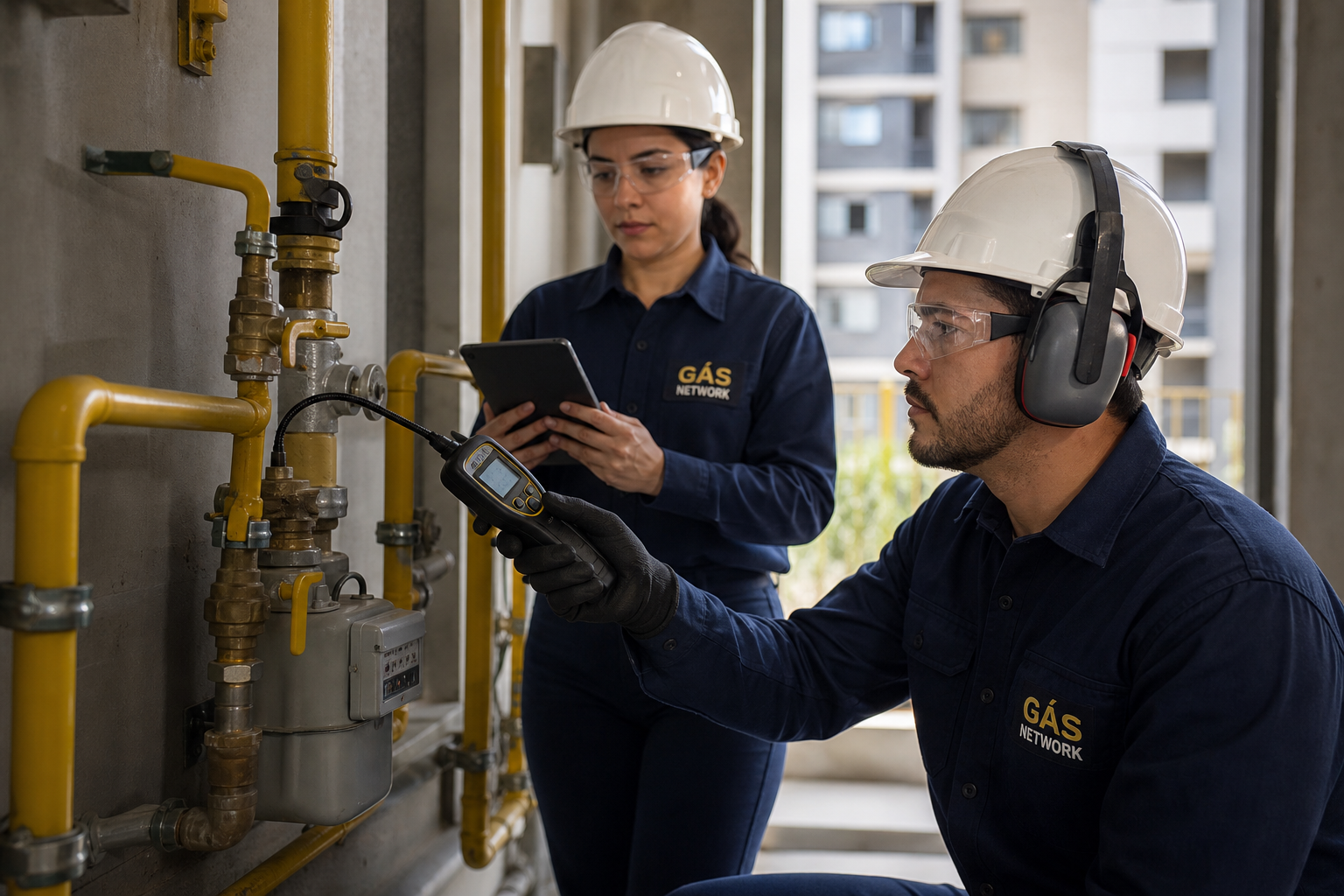 Equipe da Gás Network realizando detecção instrumental em rede de gás de condomínio. Tema: instalador de gás em Campinas.